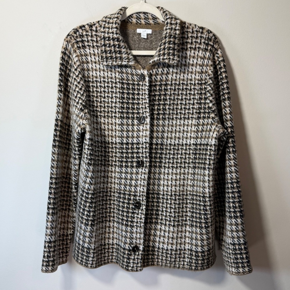J. Jill Houndstooth Sweater Jacket Women M Tan Black Button Knit Classic Preppy